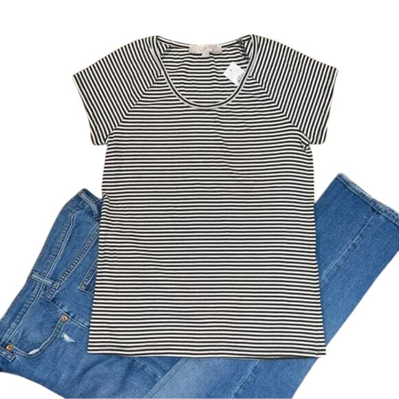 NWT LOFT Ribbed Caper & White Striped Raglan Scoop Neck Tee - Picture 2 of 10